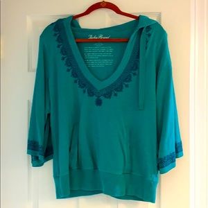 Luck Brand Embroidered V-neck hooded Top